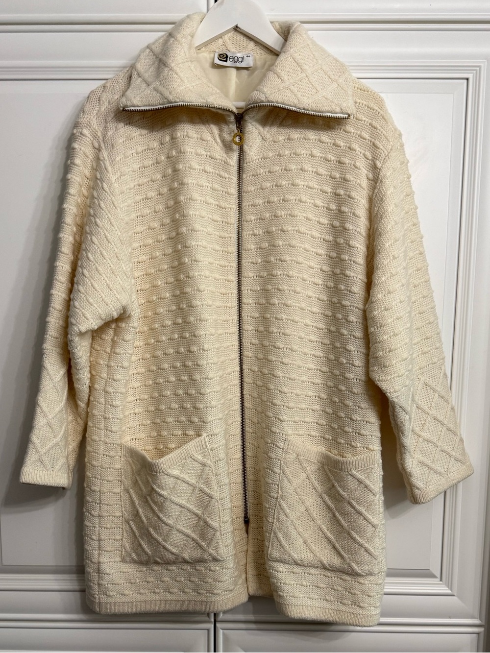 Vintage EGGL Cream Zip-Front Lined Knit Jacket Virgin & Merino Wool Size L Coat